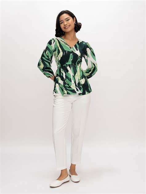 AASK Women's Polyester Printed Green Color Regular Top – AASKstore