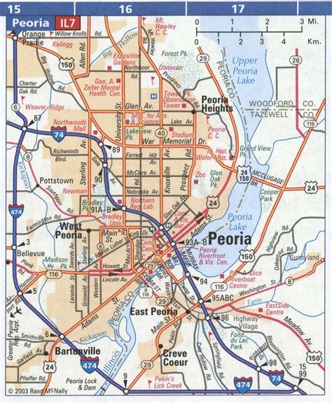 Peoria IL road map. Map of streets and roads of Peoria with public places