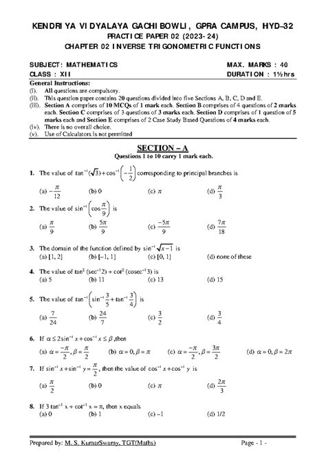 Maths class xii chapter 02 inverse trigonometric functions practice ...