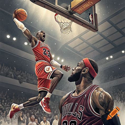 Illustration of Michael Jordan dunking over Lebron James in a ...
