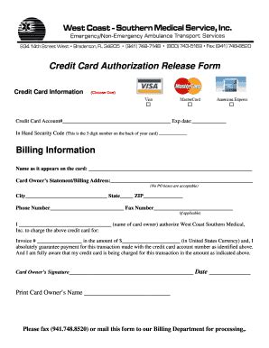 Fillable Online Credit Card Authorization Release Form - West Coast Fax ...