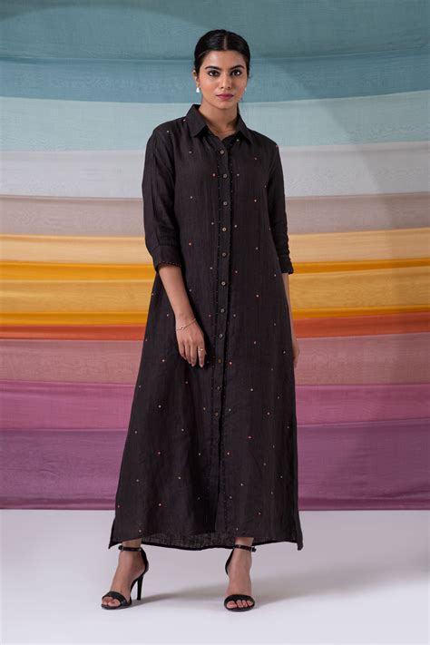 Charcoal linen beaded long shirt – bidishaadhikaryy