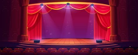 Empty theater stage with red curtains spotlights | Free Vector
