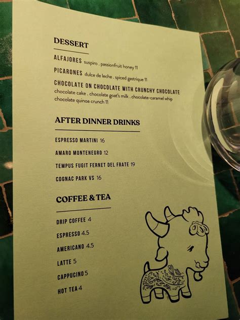 Carta del restaurante Cabra Los Angeles, Los Angeles