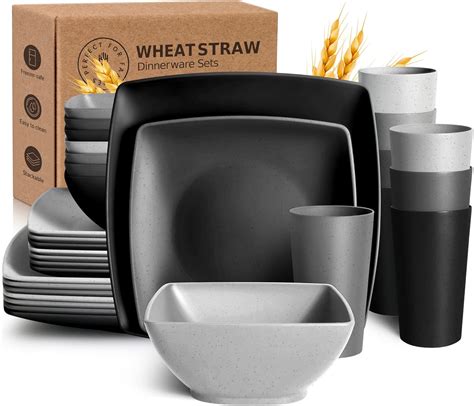 Amazon.com: Teivio 32-piece Plastic Wheat Straw Square Dinnerware Set ...
