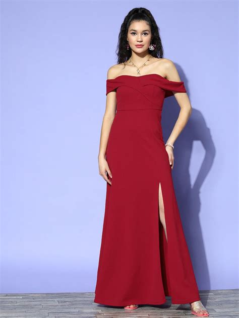 Women Solid Red Off-Shoulder Neck Crepe Thigh-High Slit Flared A-Line ...