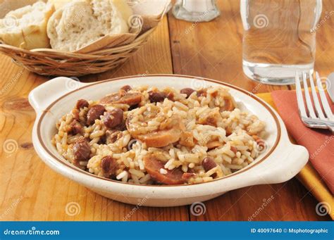 Bowl of Sausage, Beans and Rice Stock Photo - Image of supper, beans ...