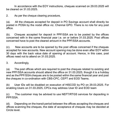 Cheque Clearing Instructions EOY FY 2024-25 in Post Offices