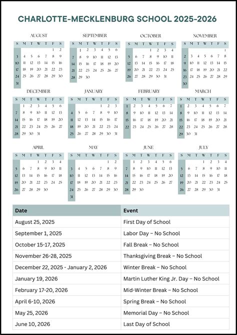 Charlotte-Mecklenburg School Calendar 2025-2026 (Dates)