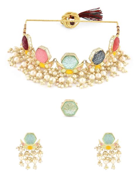 Buy ZAVERI PEARLS Multicolor Stones & Cluster Beads Drop Crescent ...