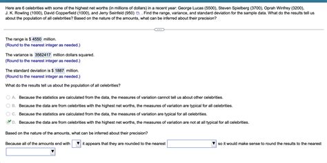 Solved Here are 6 celebrities with some of the highest net | Chegg.com
