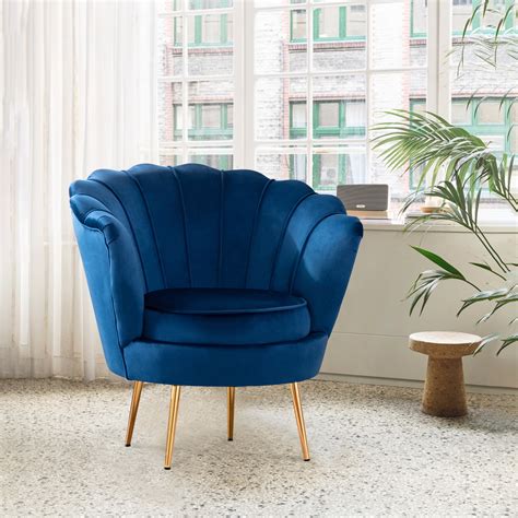 Navy Velvet Upholstered Arm Chair Scalloped Accent India | Ubuy