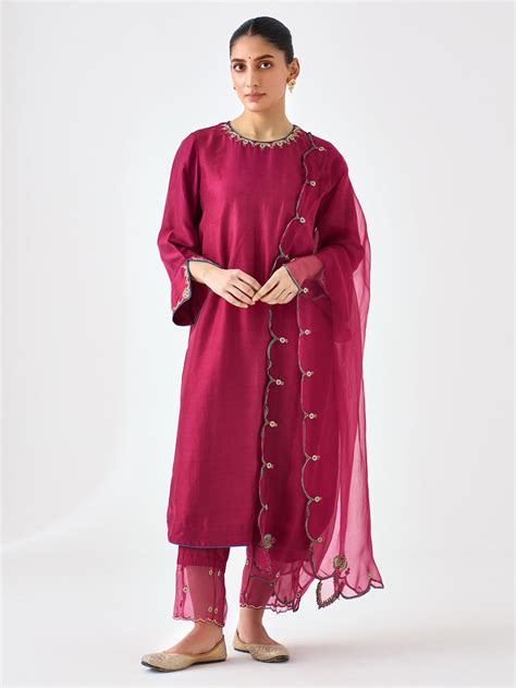 Green Embroidered Dupion Silk Suit- Set of 3