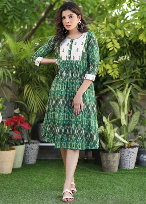 Classy Green Ikat A-Line Dress with Ethnic Embroidered Motifs on Yoke ...