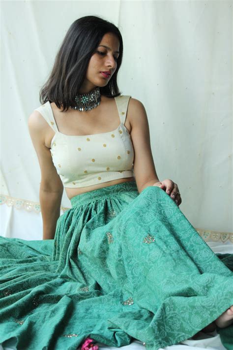 Beige And Green Floral Lehenga - Mogra Designs