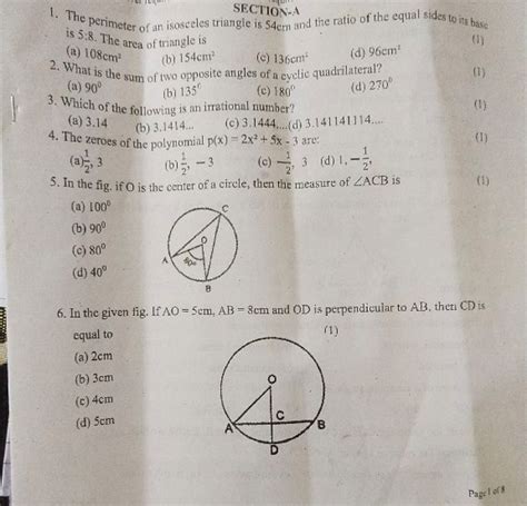 SECTION-A The perimeter of an isosceles triangle is 54cm and the ratio o..