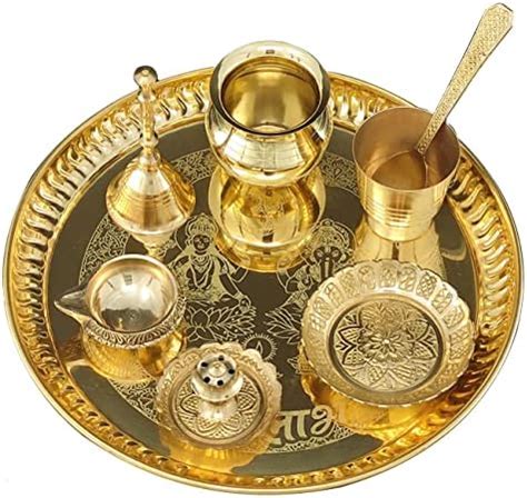 BENGALEN Brass Pooja thali Set 8 Inch with Pital Plate Kalash Spoon ...