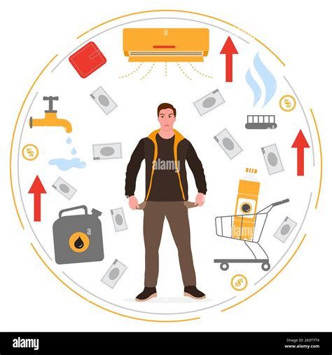 Vector illustration Man is upset. Rising prices. High prices of natural resources. Utility debt ...