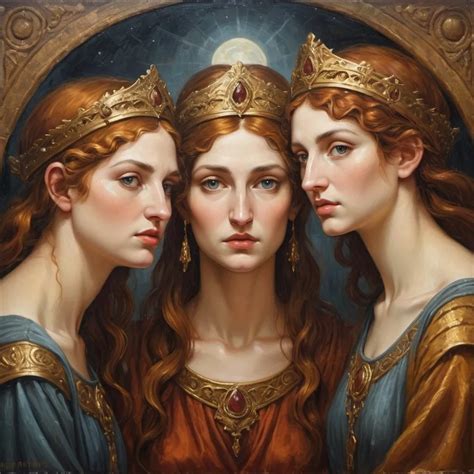 Medieval oil painting of the 3 Fates, ancient Greek...