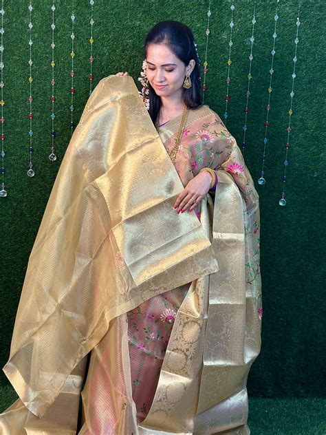 Golden embroidery tissue sarees. – Rishi Boutique