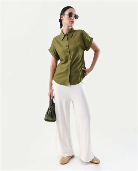 Rareism Women's Elcee Olive Viscose Collared Neck Regular Fit Shirt