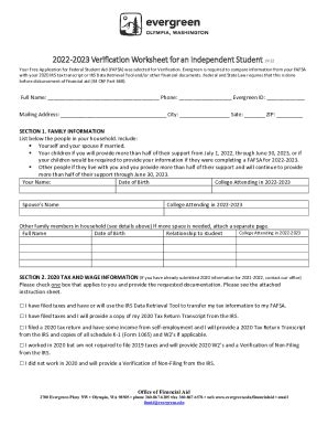 Fillable Online 2022-2023 Verification Worksheet for an Independent ...