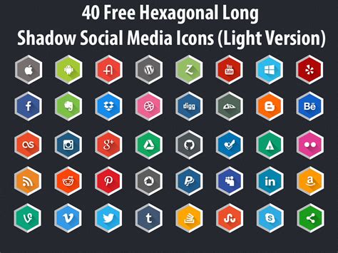 40 Free Hexagonal Long Shadow Social Icons (Light Version) - Free Download