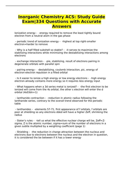 Inorganic Chemistry ACS: Study Guide Exam|334 Questions with Accurate ...