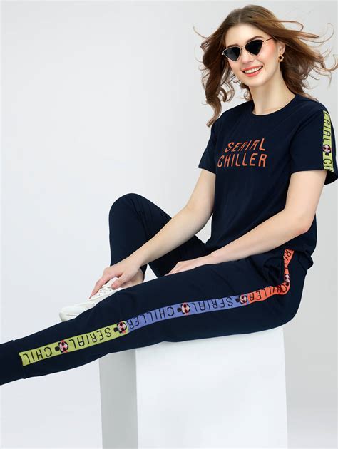 ZEYO Women's Cotton Navy Blue Typography Side Striped Night Suit Set o