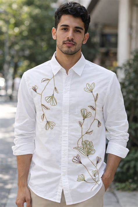White Floral Embroidered Shirt