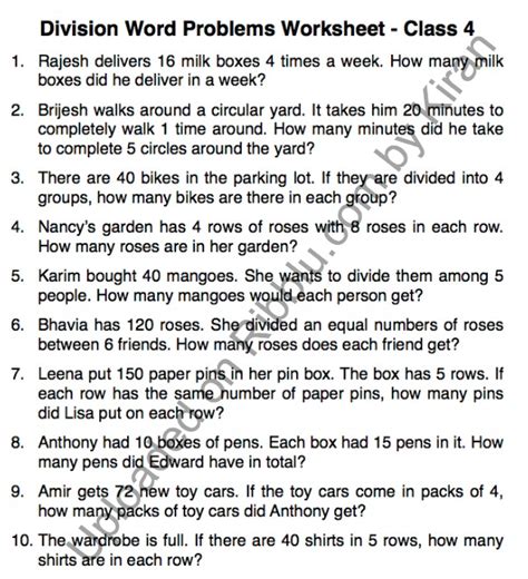 Image result for Division Worksheets Grade 4 Word Problems