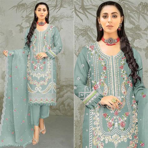 Blue Floral Embroidered Organza Semi Stitched Pakistani Suit