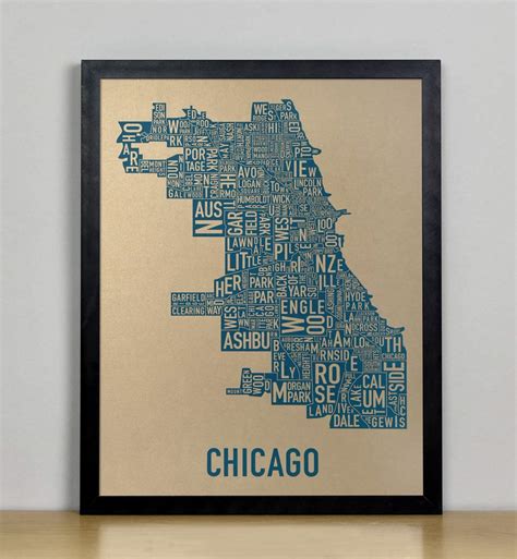 Ork Posters Framed Chicago Neighborhoods Map Art Screen Print, Gold ...