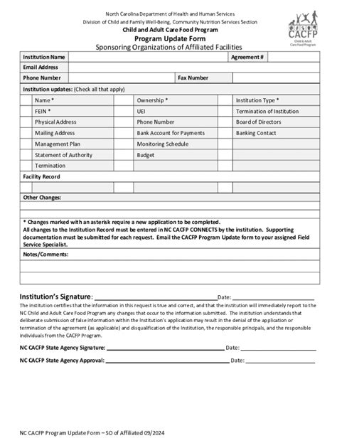 North Carolina CACFP Program Update Form - Blank Fillable Template ...