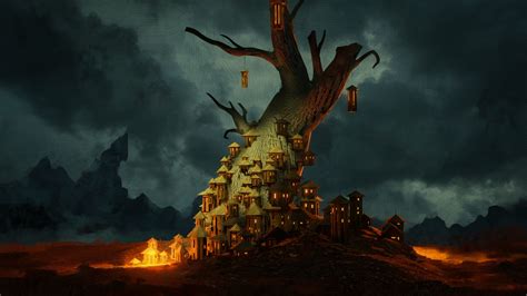 Download wallpaper 2560x1440 lanterns, fairytale, tree, fantasy, art ...