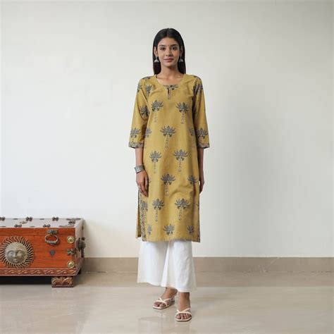 Yellow Block Printed Cotton Straight Ajrakh Kurta