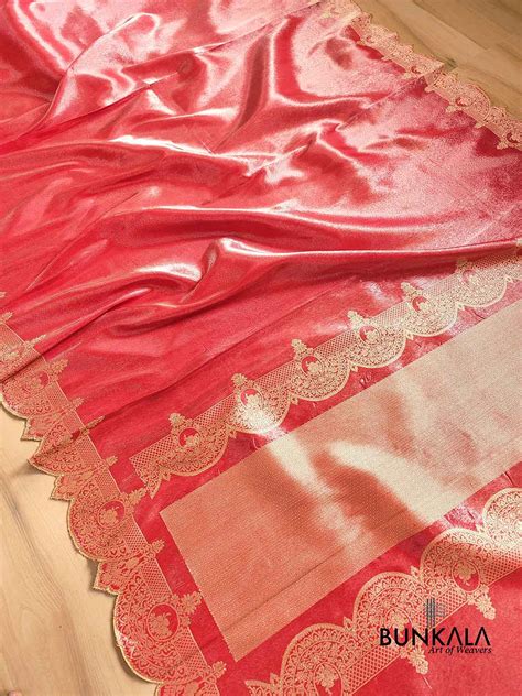 Shop Red Soft Pure Tissue Silk Scalloped Border Plain Banarasi Saree ...