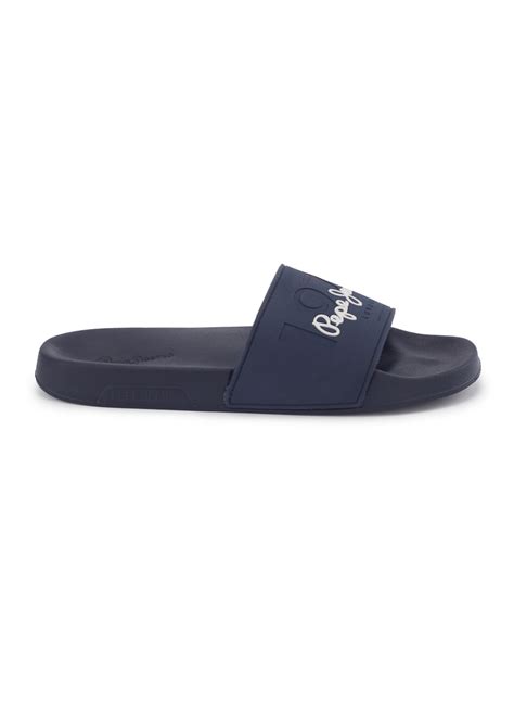 Navy Lightweight Beach Slides With Embossed Logo Print | Pepe Jeans India