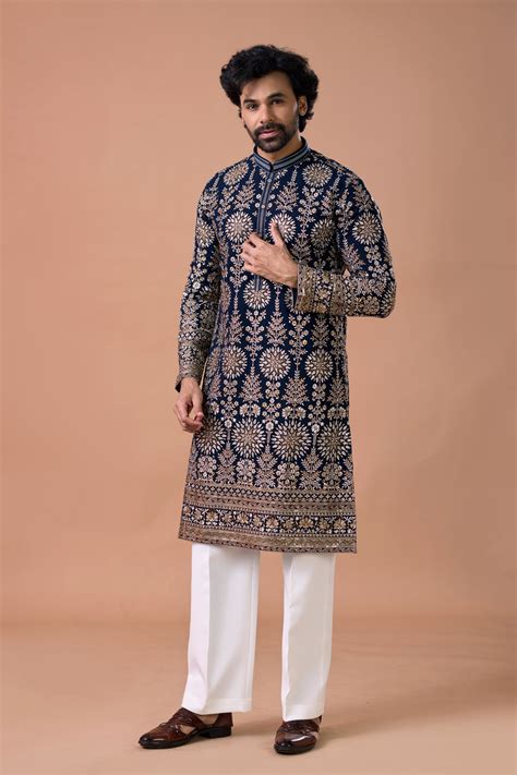 Buy Embroidered Kurta Set with Straight Pants – Royal Navy Blue ...