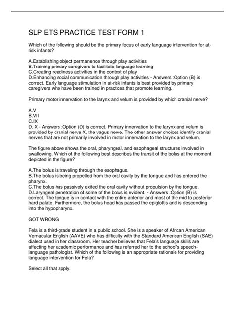 SLP ETS PRACTICE TEST FORM 1 - SLP ETS - Stuvia US