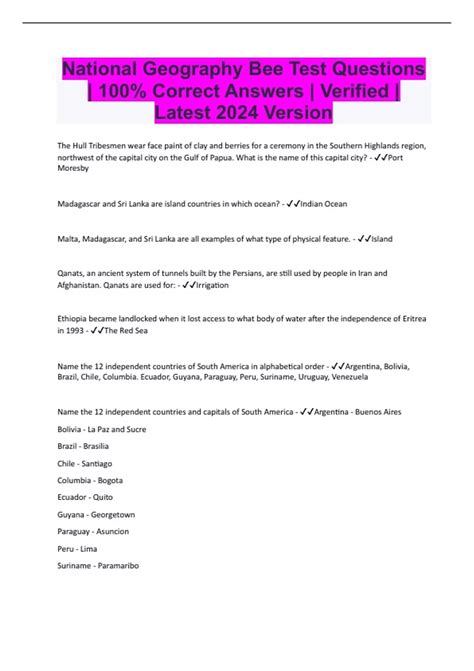 National Geography Bee Test Questions | 100% Correct Answers | Verified ...