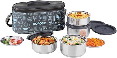 Borosil Insulated Lunch Box, Set of 3, 280 ml x 2 + 180 ml (Stainless ...