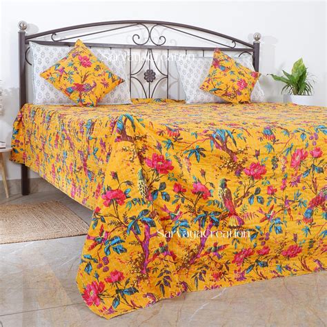 Buy Indian Kantha Quilt,multi Color Bird Print Cotton Blanket Handmade ...