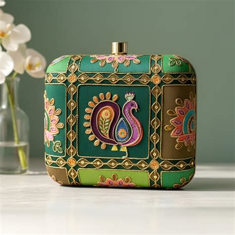 Artklim Royal Green Heritage Peacock Embroidered Clutch