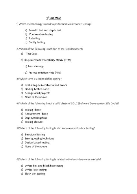 4th Unit MCQ - Software Testing Methodologies and Concepts - Studocu