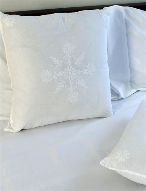 White Pure Cotton Hand Embroidered Chikankari Cushion Cover (18 x 18 i ...