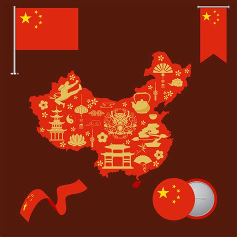 China Map with culture Vector. Vector set of the national flag of China in various creative ...