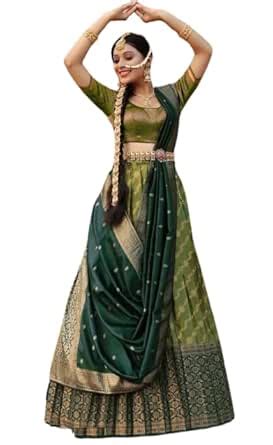 Buy ZITON Mehendi Green Zari Woven Lehenga Choli for Women Soft Dola ...