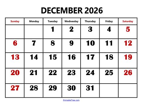 December 2026 Calendar Printable PDF with Holidays Templates