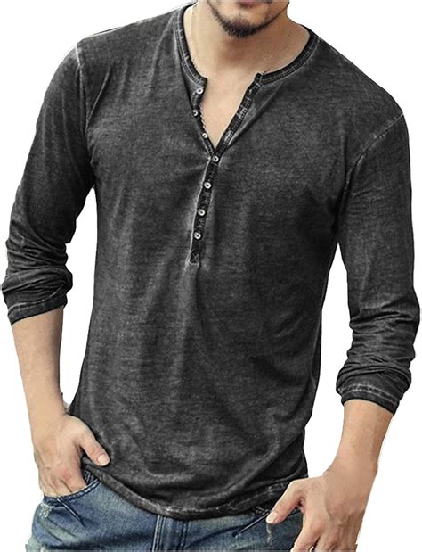 Mens Distressed Henley Shirts Front Placket Retro Long Sleeve Tee ...
